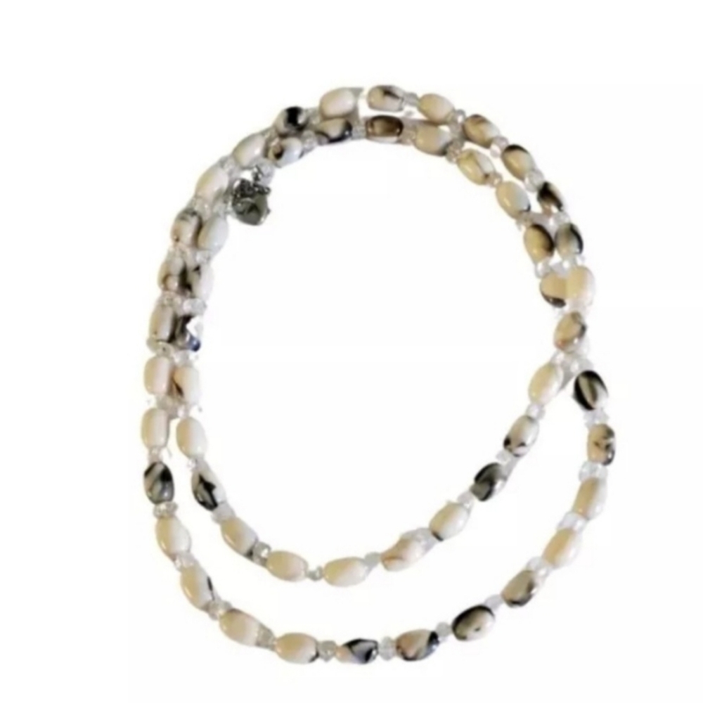 Ann Taylor LOFT White Swirl And Clear Plastic Beads Necklace, 38" Long